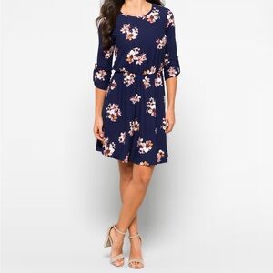 French Grey Navy Floral Long Sleeve Dress